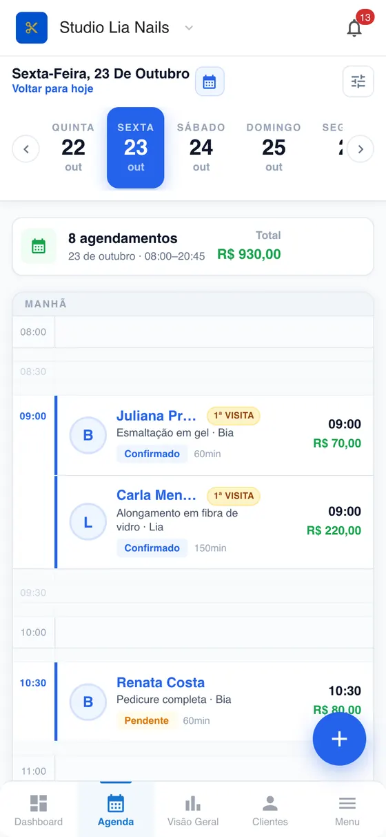 Agenda do dia no celular, com horário, serviço, profissional, valor e status de cada agendamento (dados fictícios)