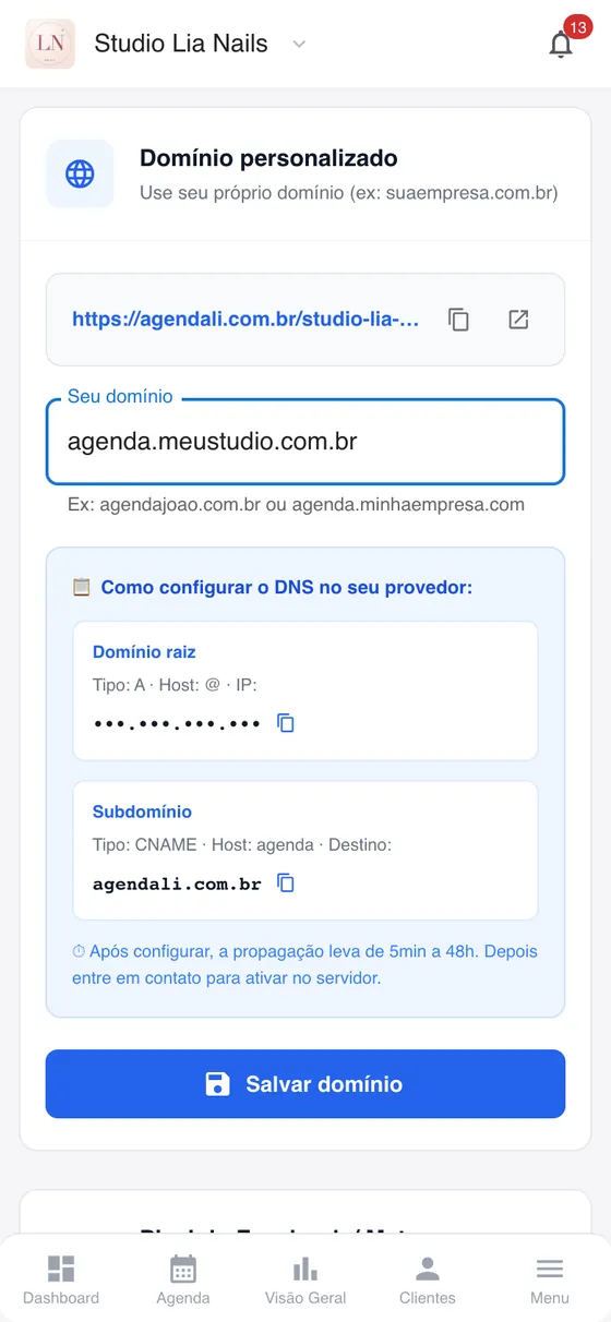 Tela Integrações no celular, seção Domínio personalizado: o link atual agendali.com.br com o nome do estúdio fictício, o campo Seu domínio preenchido com agenda.meustudio.com.br, as instruções de DNS (registro A para o domínio raiz, com o endereço ocultado, e CNAME agenda apontando para agendali.com.br), o aviso de que a propagação leva de 5 minutos a 48 horas e depois é preciso entrar em contato para ativar, e o botão Salvar domínio