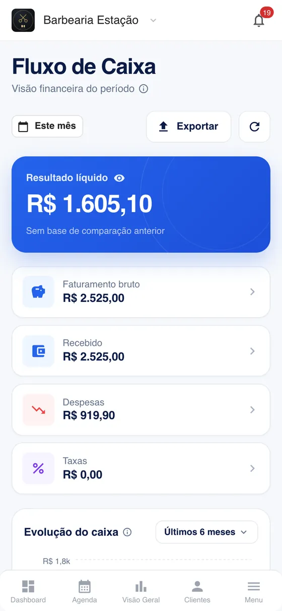 Tela Fluxo de Caixa no celular, barbearia fictícia: resultado líquido do mês, faturamento bruto, recebido, despesas e taxas