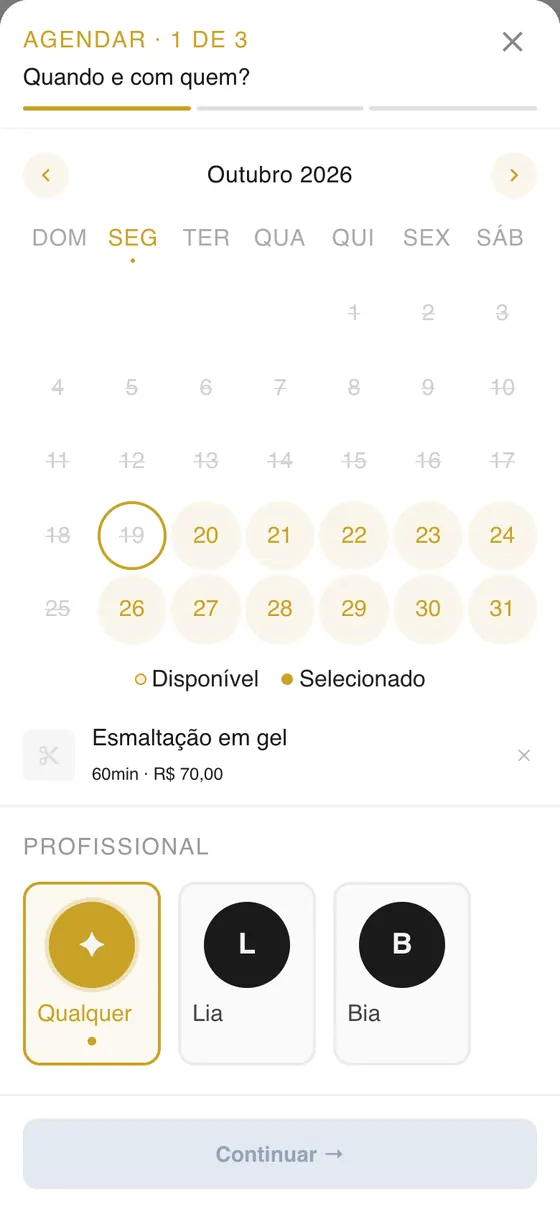 Etapa de escolha do dia e da profissional: calendário de outubro com dias disponíveis, serviço esmaltação em gel de 60 minutos e opções Qualquer, Lia e Bia