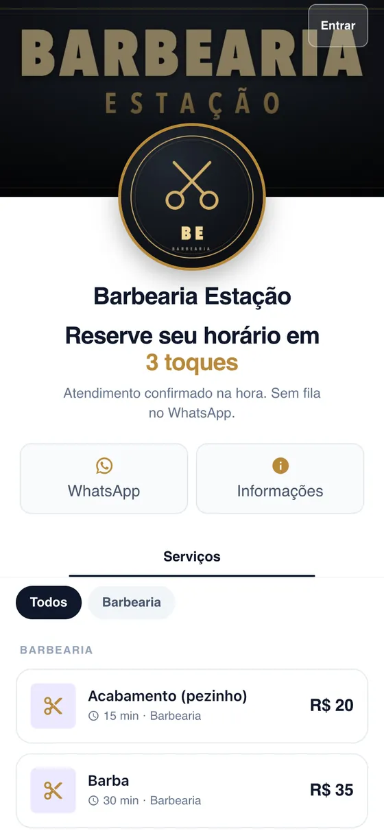 Página de agendamento de Barbearia Estação: nome do negócio e lista de serviços com preço e duração (dados fictícios)