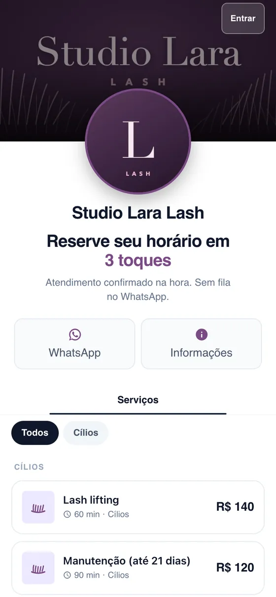 Página de agendamento de Studio Lara Lash: nome do negócio e lista de serviços com preço e duração (dados fictícios)
