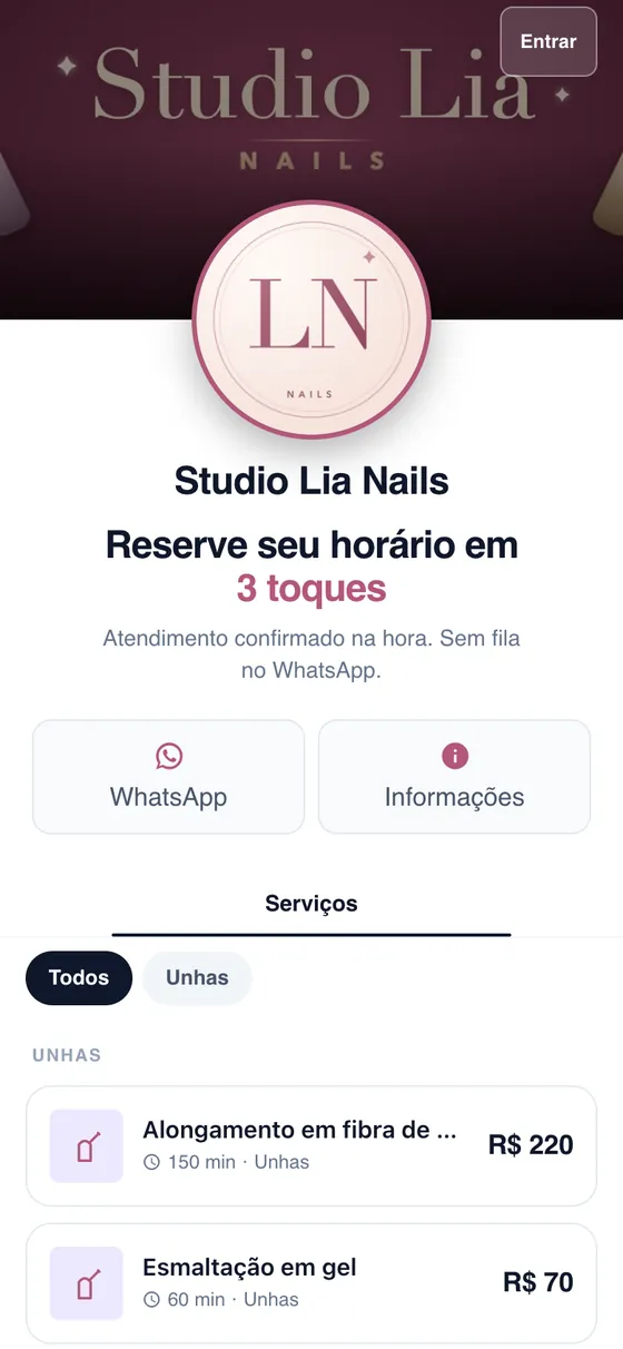 Página de agendamento de Studio Lia Nails: nome do negócio e lista de serviços com preço e duração (dados fictícios)