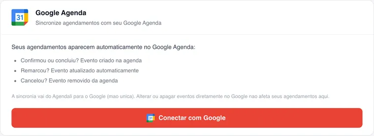 Tela Integrações do Agendali: cartão Google Agenda com as regras de criar, atualizar e remover eventos e o botão Conectar com Google