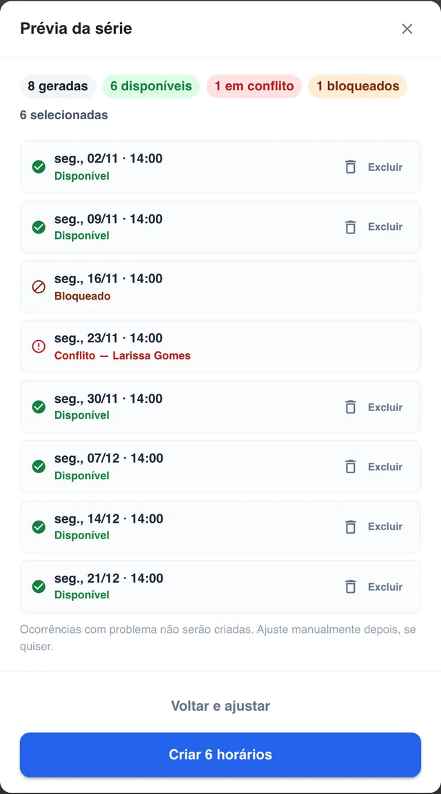 Janela Prévia da série: 8 datas geradas, 6 disponíveis, 1 em conflito e 1 bloqueada, cada data com o horário, e os botões Voltar e ajustar e Criar 6 horários