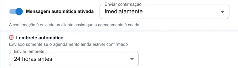 Tela Integrações do Agendali: mensagem automática ativada com campo Enviar confirmação (imediatamente) e lembrete automático com campo Enviar lembrete (24 horas antes)